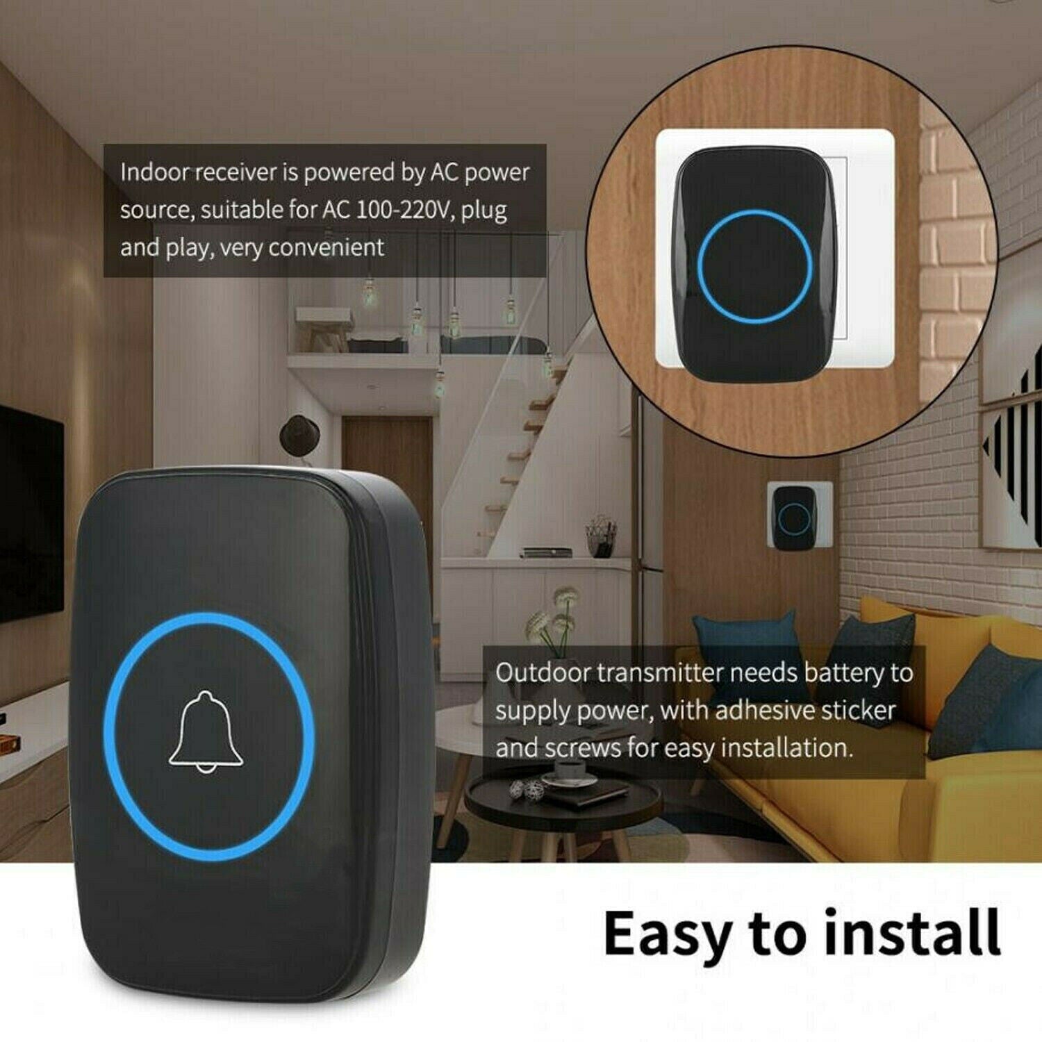 1O00ft Wireless Door Bells Waterproof Long Range Battery Home Cordless Doorbell
