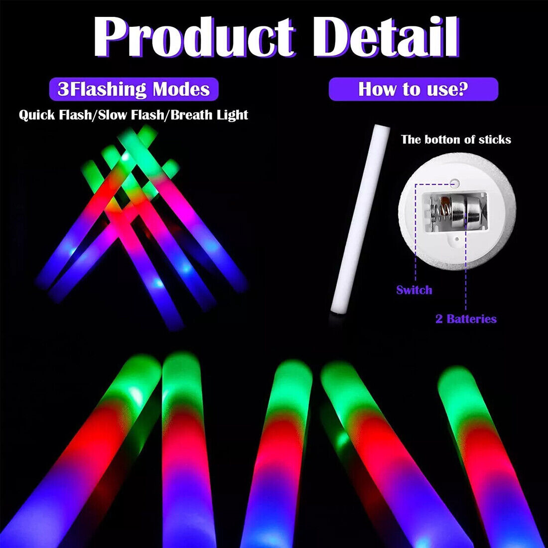 30Pcs LED Foam Stick Flashing MultiColor Glow In Dark White Batons Light Concert